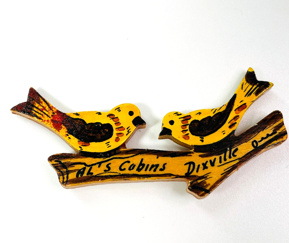 1940s Handmade Wooden Advertising Pin Pair of Birds Al's Cabins Dixville Quebec